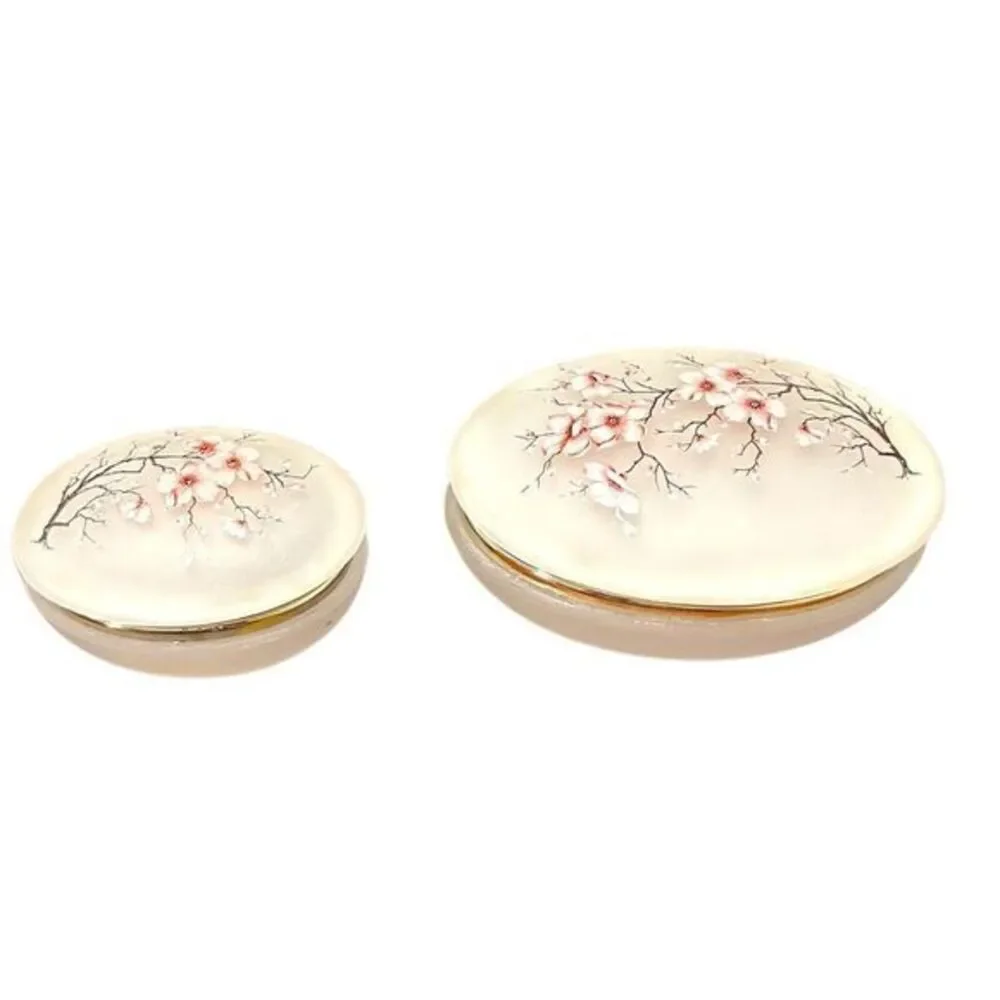 Cherry Blossom Trinket Box‎ Set Satin Glass Gold Tone Trim Hinged Top Vintage